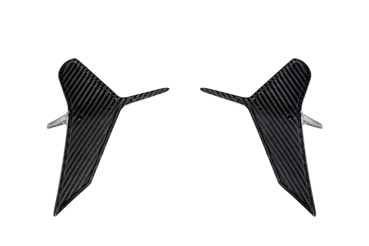 Two symmetrical, carbon fiber aerodynamic winglets are displayed, pointing slightly outward, set against a plain white background.