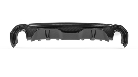 Carbon fiber car rear diffuser, featuring aerodynamic contours and cutouts, placed against a plain white background.