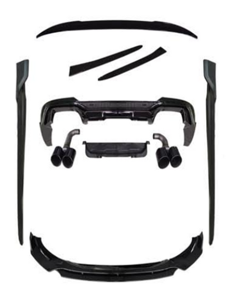A set of black car body kit components, including bumpers, side skirts, and exhaust tips, are arranged on a white background, showcasing various parts for vehicle customization.