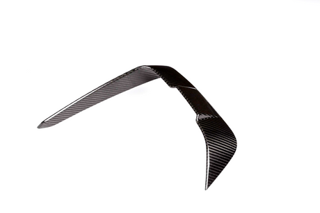A shiny carbon fiber boomerang rests in a balanced, upright position against a plain white background, displaying a smooth, woven texture.