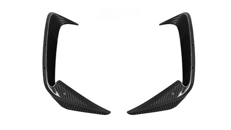 Two carbon fiber car aerodynamic fins pointing inward, set against a white background, with mounting holes visible along the edges.