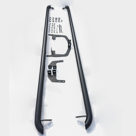 Two black metal sidebars with mounting brackets and assorted screws are laid out on a white surface, forming a complete set for vehicle installation.