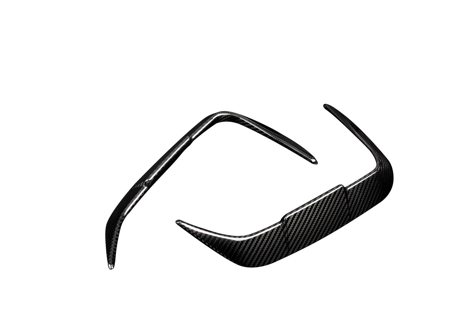 A pair of sleek, carbon fiber sunglass frames with pointed temples, positioned in a diagonal orientation against a plain white background.