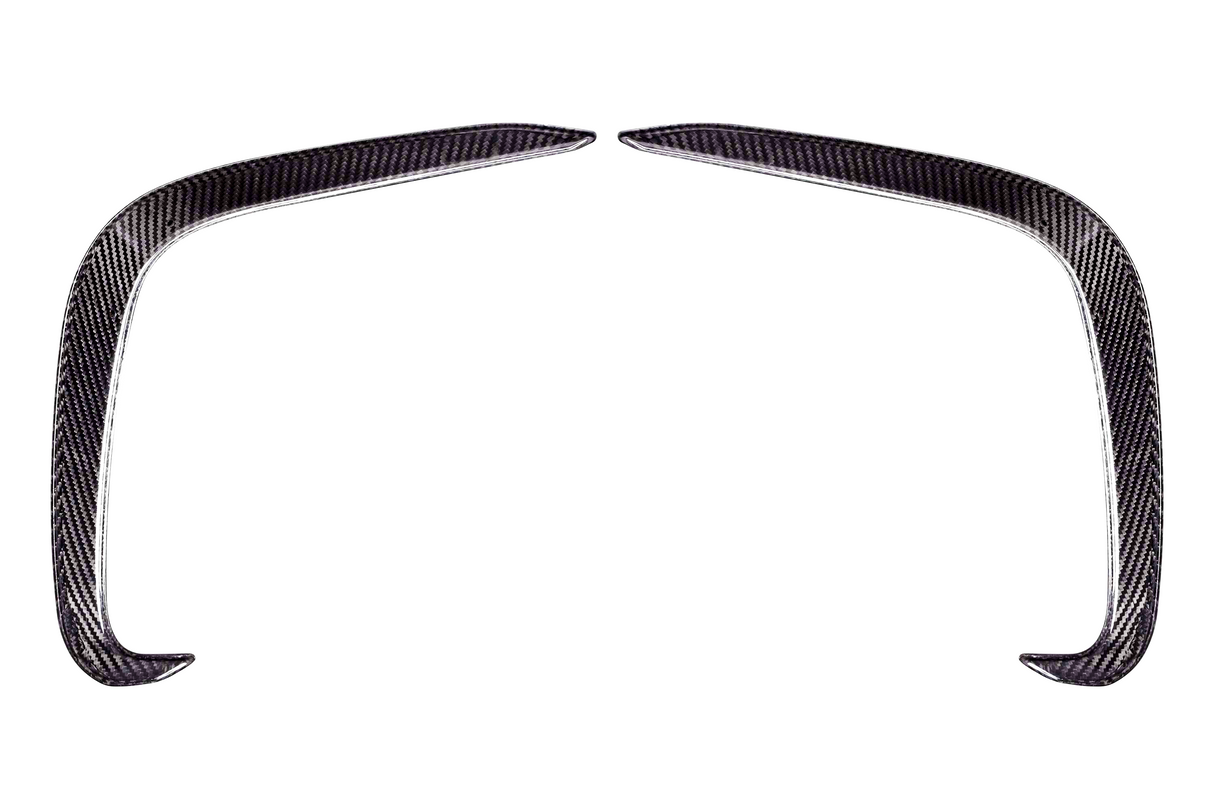 Two curved carbon fiber pieces form an arch-like shape, positioned symmetrically on a white background. They appear sleek and aerodynamically designed.
