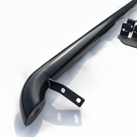 A smooth black metal bar with brackets extends diagonally, set against a plain white background.