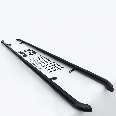 Two black metal roof rails rest on a white surface, accompanied by various mounting hardware, including brackets, screws, and washers, laid out in an organized manner.