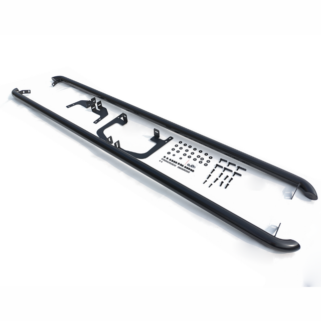 A long black metal side step with mounting brackets and various screws, bolts, and washers displayed alongside on a white background, ready for vehicle installation.