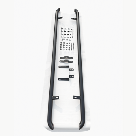 Two black metal bars are aligned parallel, surrounded by various small hardware components for assembly on a white surface.