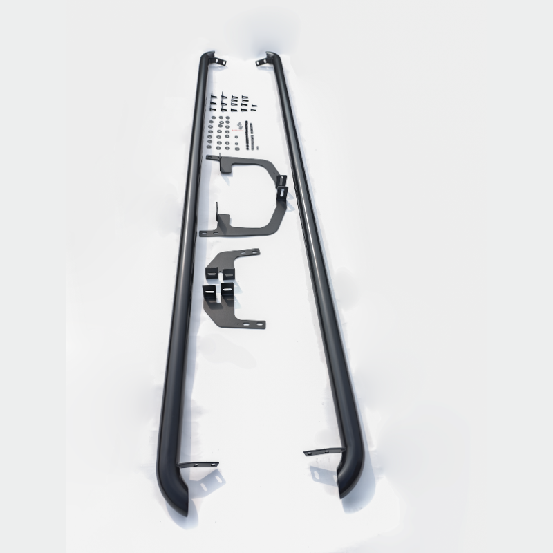 Two black, elongated metal bars with curved ends are laid vertically. Assorted screws, washers, and metal brackets accompany them on a plain white background.