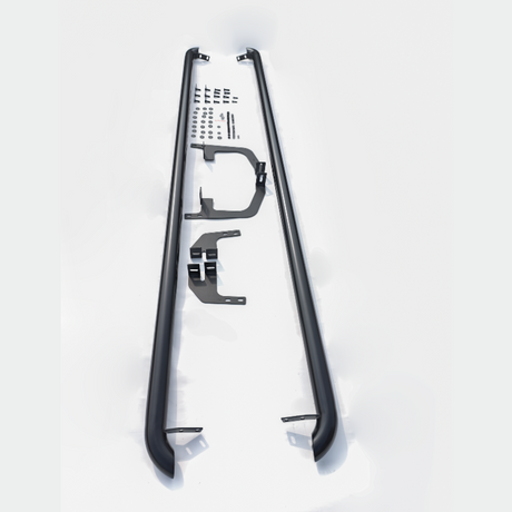 Two black, elongated metal bars with curved ends are laid vertically. Assorted screws, washers, and metal brackets accompany them on a plain white background.