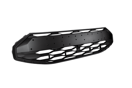 A black car grille with a honeycomb pattern is displayed on a white background, featuring bolt holes for attachment.