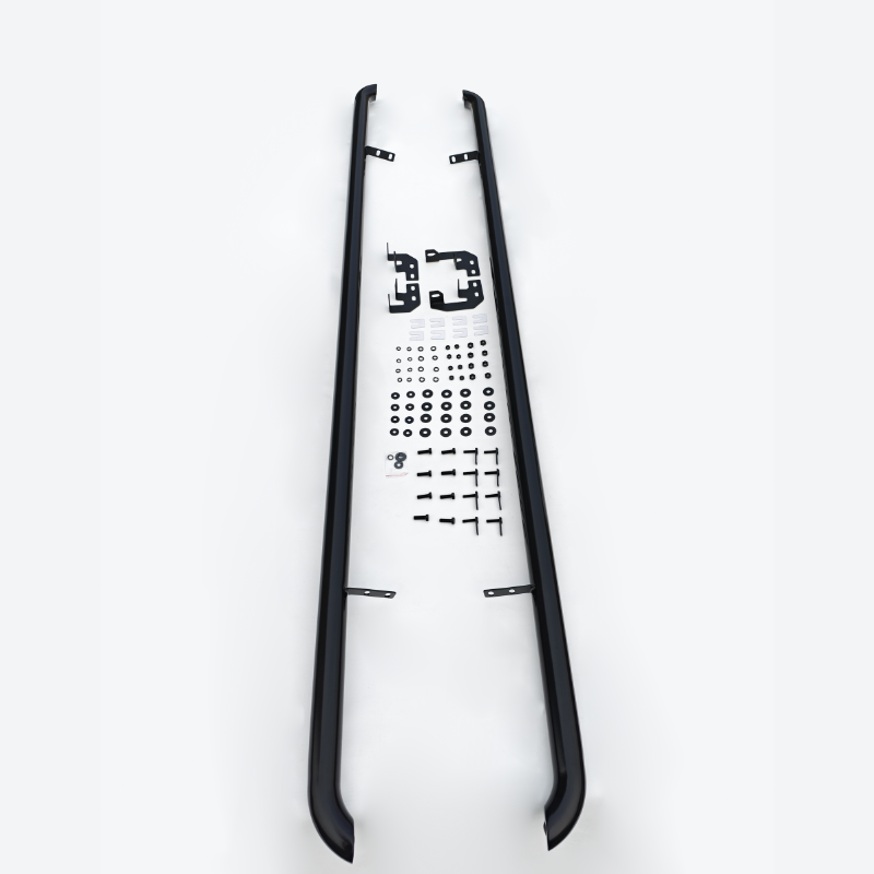 Two black sidebar rails lie parallel on a white background, accompanied by assorted bolts, brackets, and washers arranged in between, ready for vehicle installation.