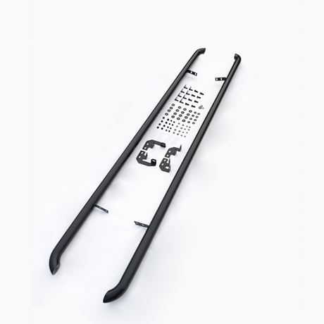 A disassembled roof rack with black side rails and numerous small components, including screws and brackets, laid out on a plain white background.