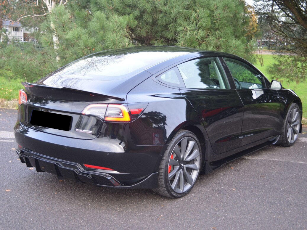 A black sedan with tinted windows and distinctive rear lights is parked on a paved surface. Large trees and a grassy area form the backdrop. Text reads "Dual Motor."