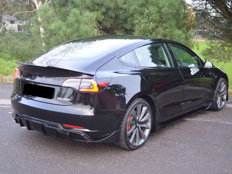 A black sedan with tinted windows and distinctive rear lights is parked on a paved surface. Large trees and a grassy area form the backdrop. Text reads "Dual Motor."