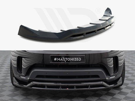 A black car front lip spoiler is displayed separately above and installed on the front of a car, with a license plate reading "#MAXTONIZED" on a checkered floor background.