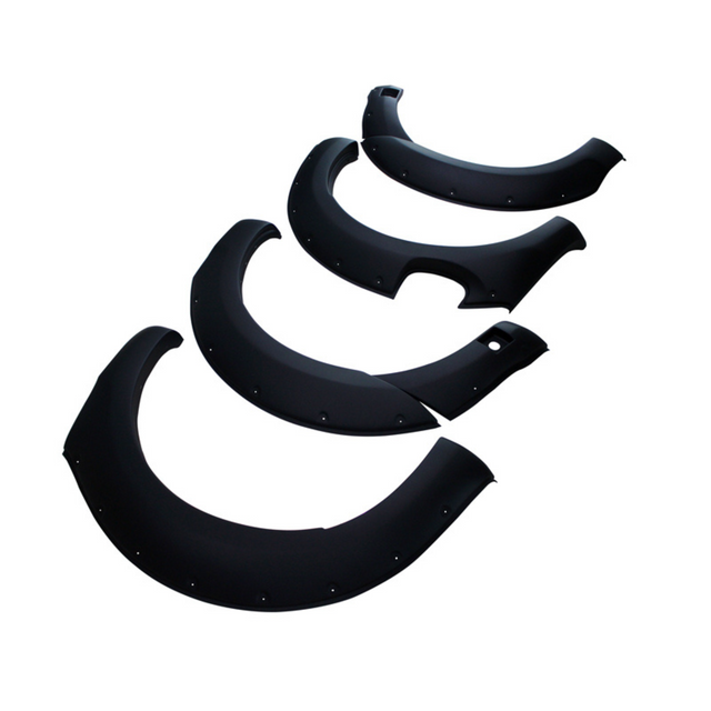 Four black, matte-finish fender flares are arranged in a staggered formation. Each piece is curved with rivet details and is set against a plain white background.