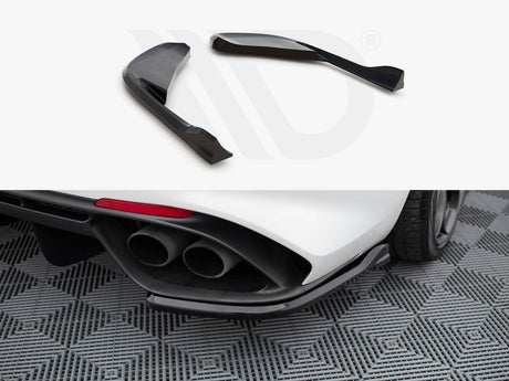 Car diffuser fins are displayed separately above, and installed on a white car's rear bumper near dual exhaust pipes, over a textured garage floor. A subtle logo appears in the background.