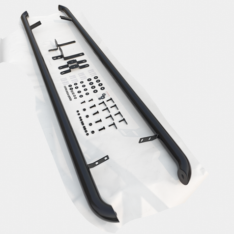 Two black metal side rails laid parallel on a sheet, accompanied by an assortment of brackets, screws, and washers, arranged neatly for assembly.