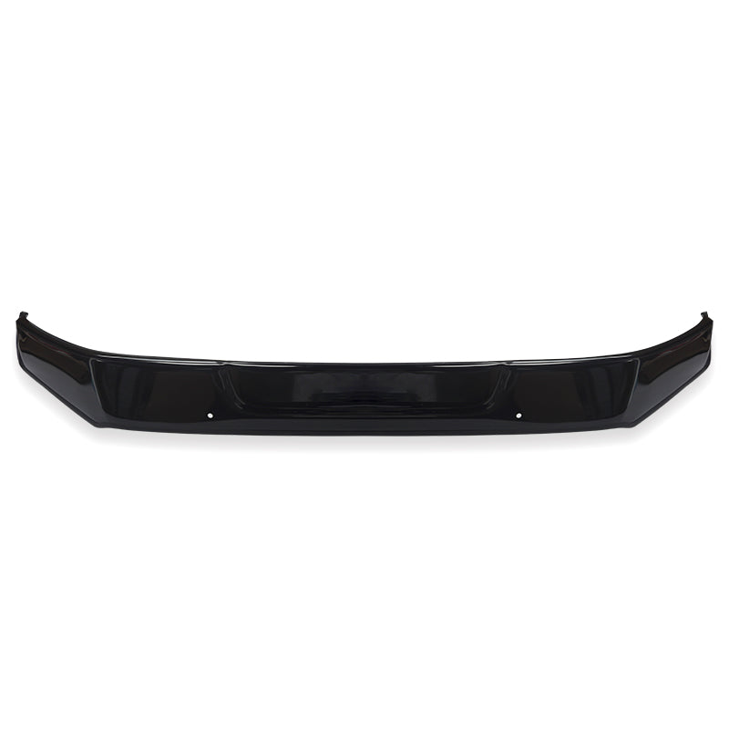 A black car bumper, curved with a smooth surface, is displayed against a plain white background, highlighting its sleek design.