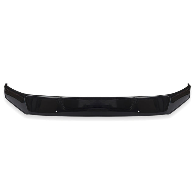 A black car bumper, curved with a smooth surface, is displayed against a plain white background, highlighting its sleek design.