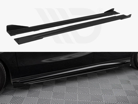 Two black side skirts are displayed above a car with one attached, resting on a patterned floor. The top part highlights the separate skirts; the bottom shows it installed on the car.