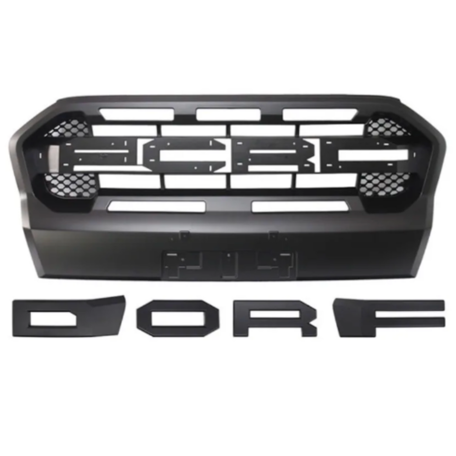 A black vehicle grille with a honeycomb pattern and slots, accompanied by detached black letters spelling "DORF," arranged on a plain white background.