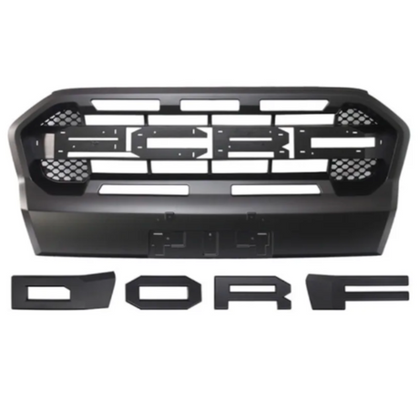 A black vehicle grille with a honeycomb pattern and slots, accompanied by detached black letters spelling "DORF," arranged on a plain white background.