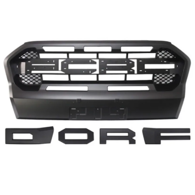 A black vehicle grille with a honeycomb pattern and slots, accompanied by detached black letters spelling "DORF," arranged on a plain white background.
