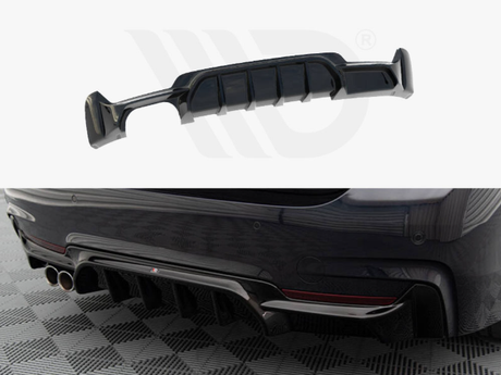A black car diffuser with vertical fins, designed to enhance aerodynamics, is displayed against a patterned floor. It highlights the diffuser's function and fit on a vehicle's rear bumper.