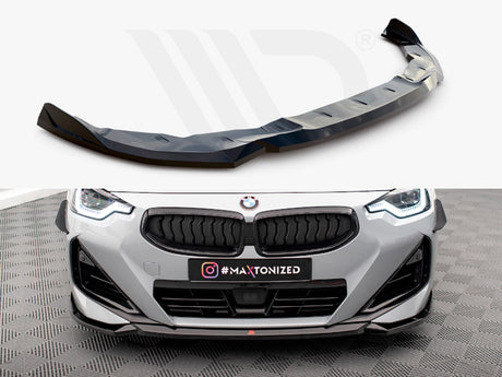 A black car front splitter sits positioned for attachment. Below, a gray BMW car features an installed splitter on a checkered floor. The text reads "#MAXTONIZED."