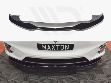 A black car bumper lip is displayed separately above and attached to a white car with a license plate reading "MAXTON" on a checkered floor.