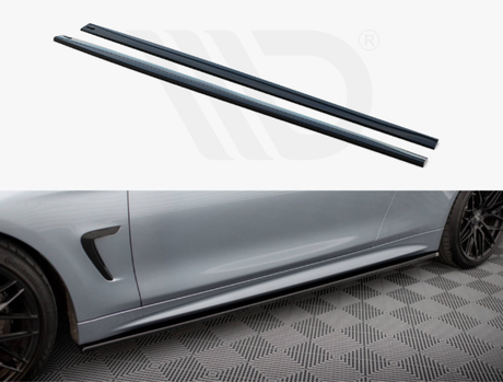 Two long, black side skirts are displayed above an image of a gray car with one attached along the side, parked on a patterned garage floor.