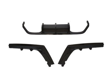 Three black plastic car bumper parts are displayed separately against a white background. The top piece has a U-shaped curve, while the two bottom pieces are angular.