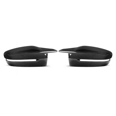 Two sleek, black carbon fiber car mirror covers are displayed against a white background, with an aerodynamic design that emphasizes a modern and futuristic aesthetic.