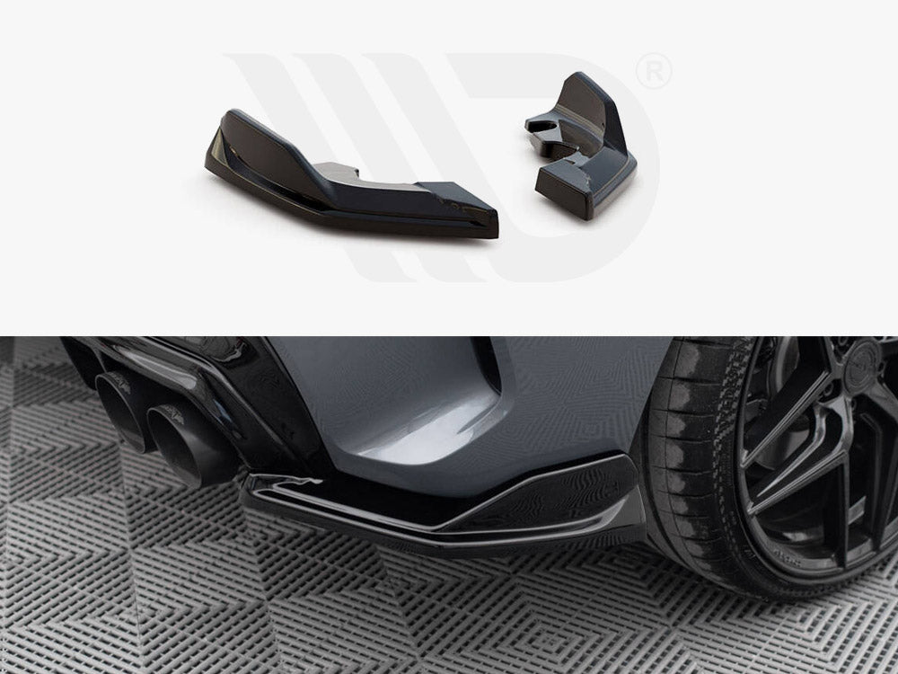 Car rear bumper add-ons laid on a white surface, displayed above their installation on a parked car's rear, near the wheel, on textured flooring.