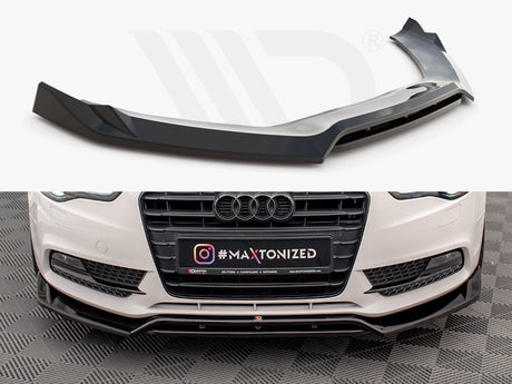 A sleek black car spoiler, designed for aerodynamic enhancement, is juxtaposed above a white car's front bumper. The car grille displays text: "#MAXTONIZED," with an Instagram icon beside it, on a checkered floor.