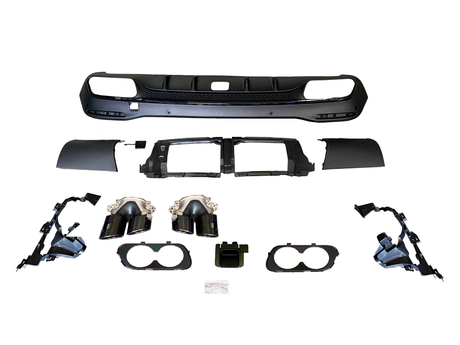 Various black car parts, including a bumper, vents, and exhaust components, are arranged on a white background, showcasing an automotive assembly kit for customization or repair.