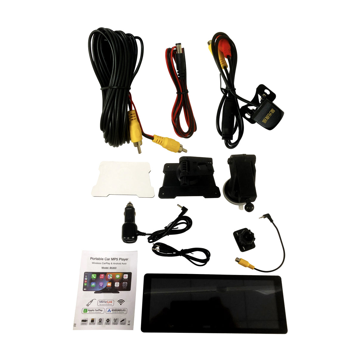 A variety of car electronics accessories, including cords, mounts, and a display screen, are arranged on a white surface.
Text: "Portable Car MP5 Player" and "Wireless CarPlay & Android Auto, Model: 8350AX, Apple CarPlay, Android Auto, MetroLinq."