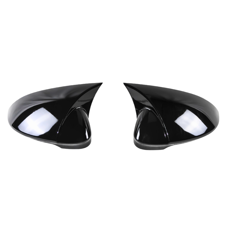 Two black, glossy side mirrors with aerodynamic design sit facing each other against a plain white background, reflecting light and showing smooth surface contours.