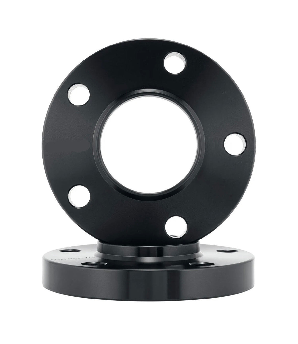 A metallic, round flange with five evenly spaced holes rests on a similar base. The objects are black, featuring a smooth, polished surface. Background is plain white.