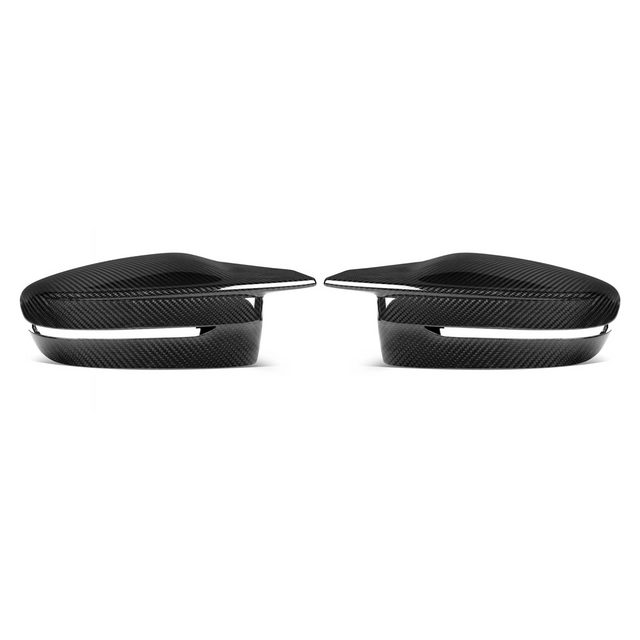 Two sleek, black carbon fiber car side mirrors are positioned symmetrically on a white background, emphasizing their glossy texture and aerodynamic design.