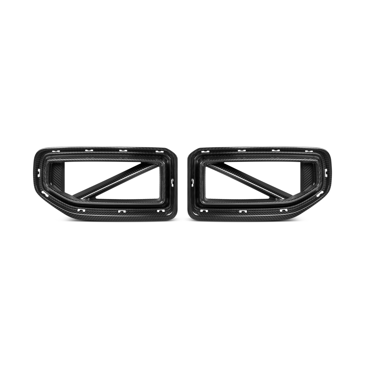 Two carbon fiber car exhaust trim pieces, designed with rectangular frames and diagonal supports, are positioned side by side against a plain white background.