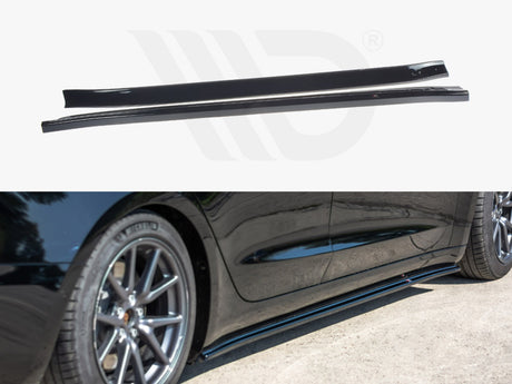 Two black side skirts are shown in the upper image. In the lower image, one is attached to the side of a parked black car with alloy wheels on a concrete surface.