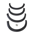 Four black plastic fender flares arranged vertically, each slightly curved, with a small bag of screws below, placed against a plain white background.