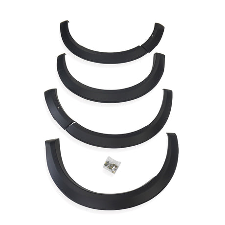 Four black plastic fender flares arranged vertically, each slightly curved, with a small bag of screws below, placed against a plain white background.