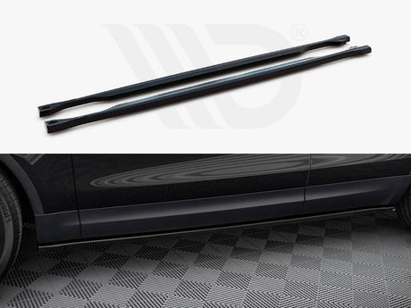 Two black side skirts lie parallel on a light background. Below, they're installed on a car's lower side, parked on a patterned floor.