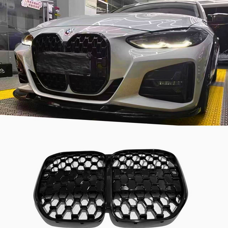 Car with a large black grille parked on a patterned floor in an indoor setting. Below it, a close-up of a black honeycomb grille displayed on a white background.