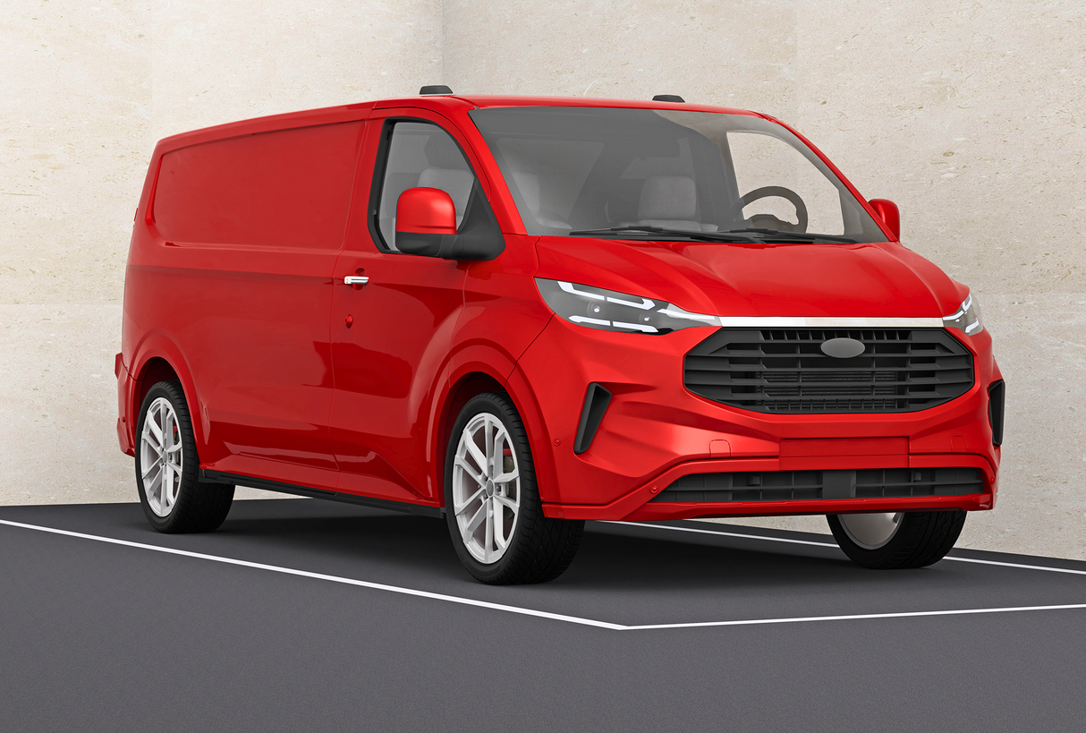 A red van is parked on a two-tone floor with a beige wall backdrop, displaying a modern aerodynamic design and sleek wheel rims.