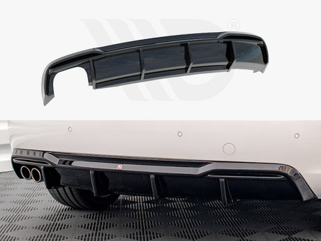 Glossy black rear diffuser; static; attached to white car's bumper with quad exhaust pipes, detailed floor pattern beneath.